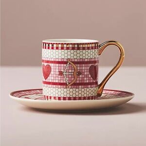 Anthropologie The Bistro Tile Stoneware Espresso Cup & Saucer, 24k Gold Accent
